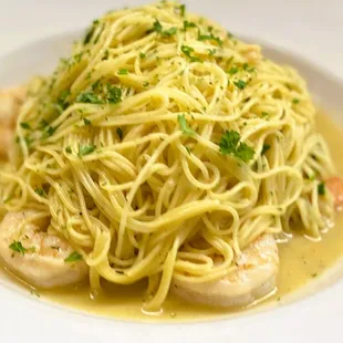 Shrimp Scampi with Capellini Pasta. Garlic, Olive Oil Sauce.