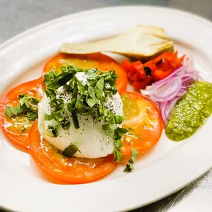 Imported Bufala Mozzarella, Fresh Tomatoes, Basil Pesto, Marinated Artichokes &amp; Bell Beppers