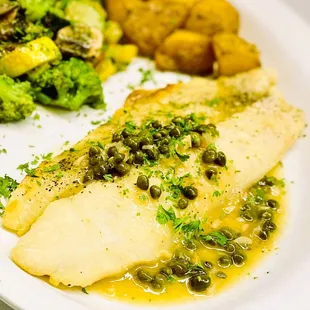 Pacific Sole with Lemon, Butter, Caper Sauce and Roasted Potatoes &amp; Butter Sauteed Vegetables