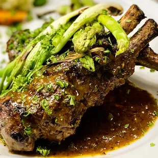 Australian Lamb Chops, Double Cut with Brandy Green Peppercorn Sauce. Served with Grilled Asparagus &amp; Green Onion, Roasted Potatoes