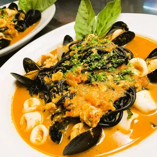 Warm &amp; Aromatic Seafood Stew with PEI Mussels, Sauteed Calamari, Shrimp, Baby Clams, and Black Squid Ink Spaghetti