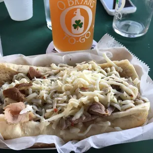 a beer and a sandwich