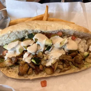 Shawarma sandwich on baguette.