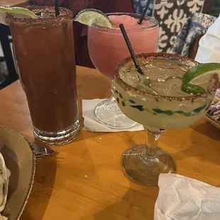 Margarita, prickly pear margarita, and Michelada