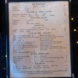 Dinner menu