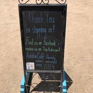 a chalkboard with a thank you for stopping in