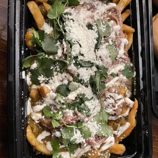 Chile cheese fries with added carnitas