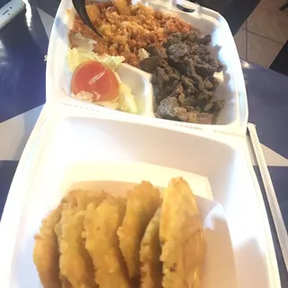 Churrasco con Arroz, Habichuelas y Ensalada