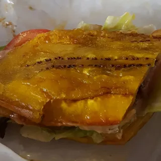 Jibarito de Churrasco, rice and beans