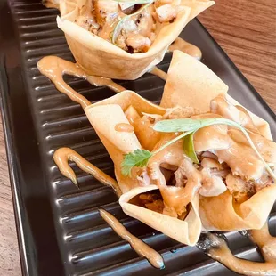 Oompa Lumpia Open face chicken filled fried lumpia