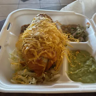 a meal in a styrofoam container