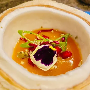 Smoked Butternut Squash Gazpacho with young coconut flesh.