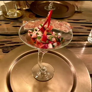 Strawberry Poblano Agua Chili Ceviche with a candied Fresno pepper.