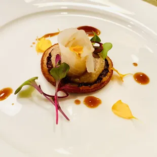 Yellow Tail Sashimi with Adobo Mandarin Cinnamon Onion Cream of Cashew.