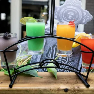 a variety of drinks on a table