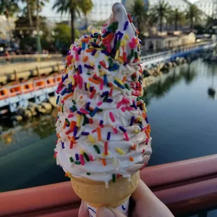 chocolate and vanilla swirl on a cone with sprinkles!