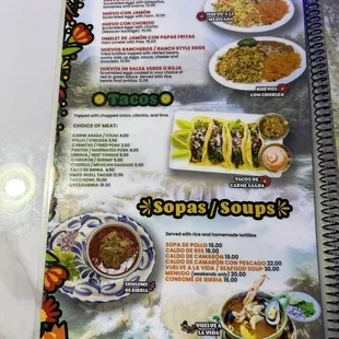 Breakfast menu, taco menu, soup menu
