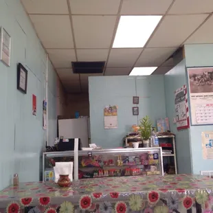 a table with a floral tablecloth