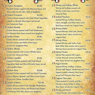 Chicken and Seafood dishes.