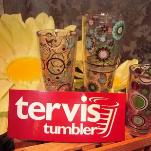 Adrians has a huge display of Tervis Tumblers... Made in the USA...Keeps hot drinks HOT and cold drinks COLD.