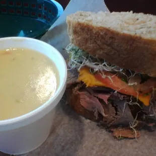 Cheddar Soup, Beef/Cheddar on Wheat.