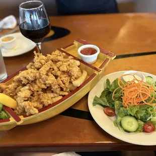 Fried Clam Stips, with fries and side salad and Sangria