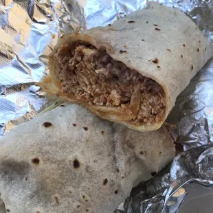 Chorizo, egg, and beans burrito (homemade flour tortilla)