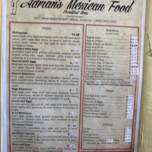 a menu for a mexican food restaurant