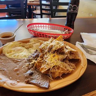 Chilequiles Rojo, corn tortilla, steak, Mexican Coke