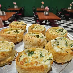 Our pinwheels are a delicious flavor bomb, available in pepperoni and cheese, spinach and artichoke, or buffalo chicken.