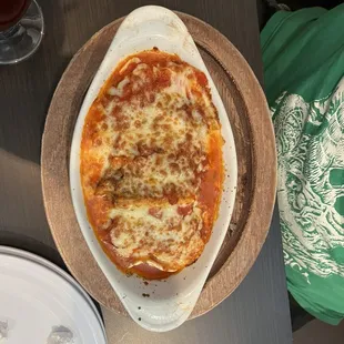 Pasta sampler -- lasagna, manicotti, and cheese ravioli with marinara.