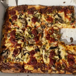 Sicilian Pizza with Mushrooms, Green Olives, &amp; Pineapple