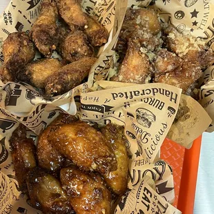 20 wings - Crispy Spicy (top left), Garlic Parmesan (top right), Honey Garlic (bottom) - $29