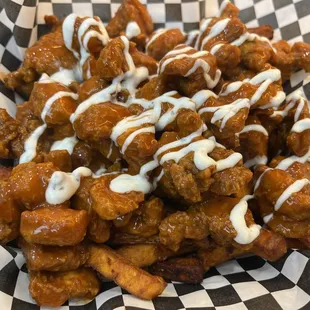 Buffalo chicken with sweet potato fries and ranch dressing
