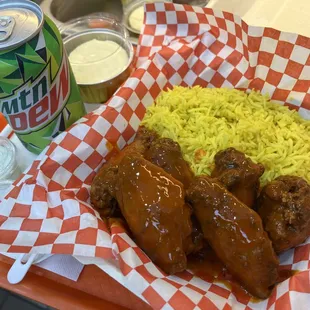 AWW+ Combo Meal w/ Buffalo Wings, Yellow Rice, Cheesecake, and Soda