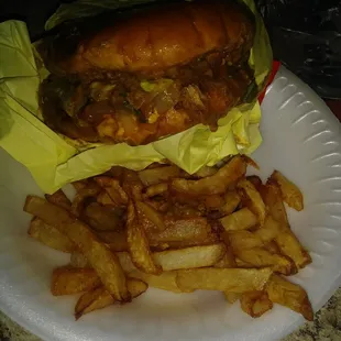 Fresh cut fries and a double chilli cheese burger with hot relish