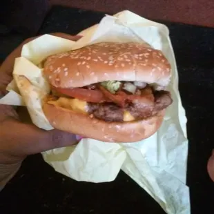 Turkey cheese burger with bacon with everything on it the Hot relish is the best.