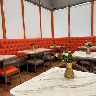 tables and chairs in a restaurant