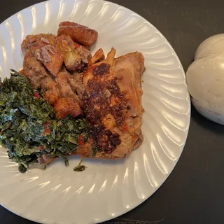 Nigerian Brown Beans, Side of Sauteed Greens and Fried Plantain