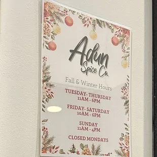 Fall and Winter Hours