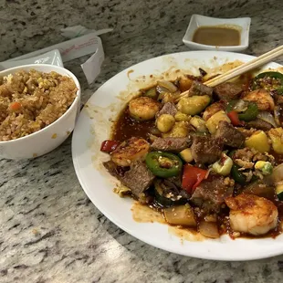 Sirloin and shrimp with fried rice