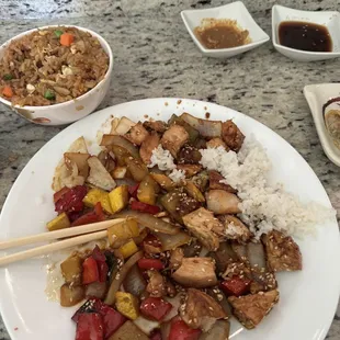 Sesame chicken, fried rice.