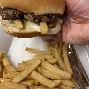 Burger basket. Better than any fancy burger place in the cities I've visited. Honest quality.