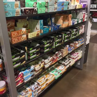 Huge selection of protein bars, cookies and healthy snacks.