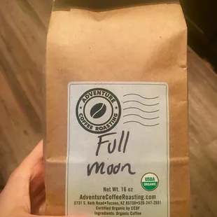 Full Moon Blend, available at the local Farmer's Market and ground on site for our French Press.