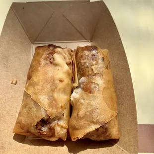 Philly Cheesesteak Egg Roll (left) and Cheeseburger Egg Roll (right).