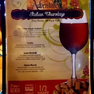 Thursday specials menu