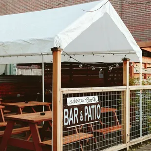 Advice Booth has a covered AND heated patio. Bring your four legged friends! They are more than welcome to hang out on the patio as well.