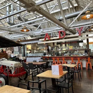 the inside of a restaurant with tables and chairs