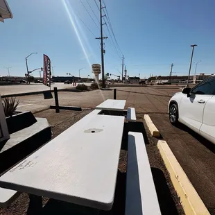Seating area directly in front of the coffee stand